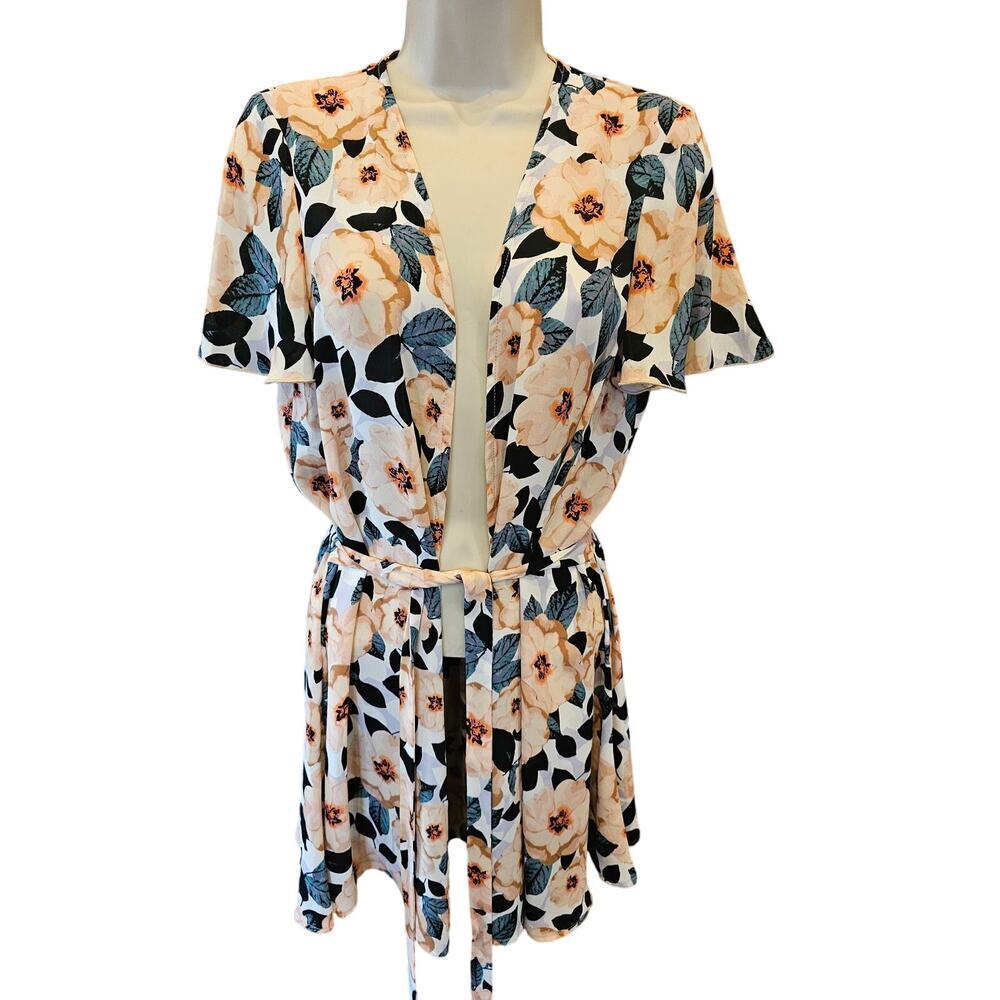 Show me your mumu size small pink blue floral tie waist robe cardigan sleepwear^